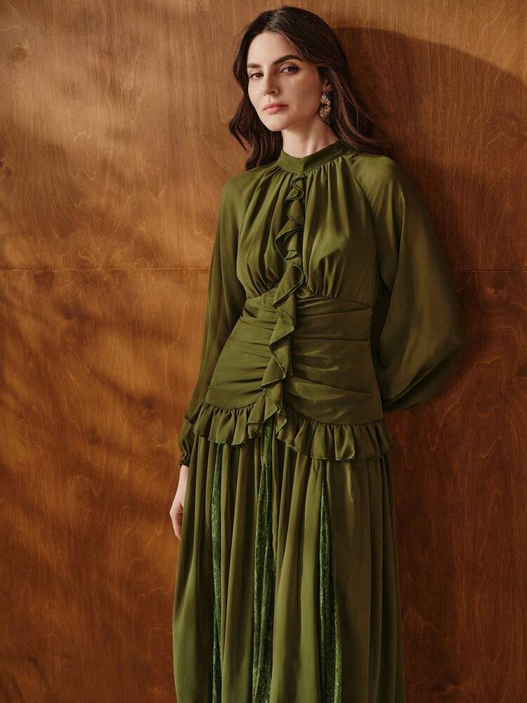 Women's New Pleated Ruffle Chiffon Lace Elegant Business Casual Dress, Suitable For Valentine's Day, Carnival, Wedding Guest, Party, Spring Outfit, Women's Slim Fit Long Casual Vacation Dress
