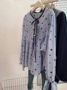 SHEIN Frenchy Fall Winter 2025 Women's Casual Striped Print Detail Front Tie Collar Blouse, Autumn, Striped Blouse, Contrast Trim Tie Shirt,Pleated Shirt,Ruffle Blouse, Blue Striped Shirt,Floral Print Pattern Blouse - Blue and White - View 1