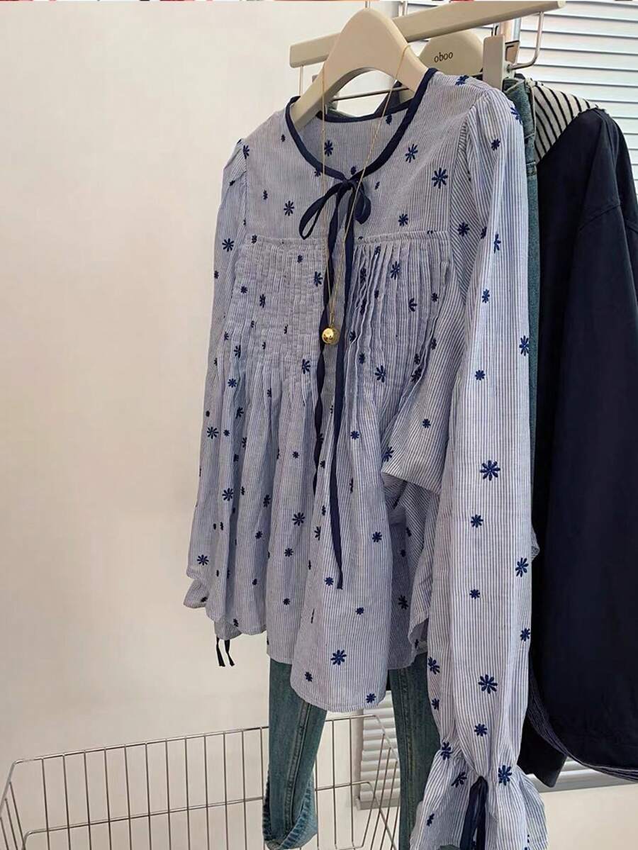 SHEIN Frenchy Fall Winter 2025 Women's Casual Striped Print Detail Front Tie Collar Blouse, Autumn, Striped Blouse, Contrast Trim Tie Shirt,Pleated Shirt,Ruffle Blouse, Blue Striped Shirt,Floral Print Pattern Blouse - Blue and White - View 1