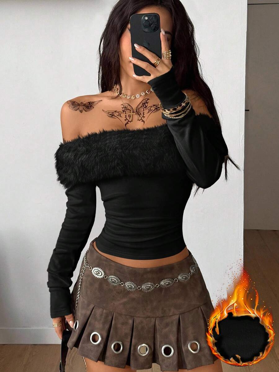 Coolane 女士冬季街头服饰外出嬉皮 Y2K 辣妹温暖/寒冷天气/保暖罗纹针织毛皮露肩白色长袖 T 恤 - 黑色 - 查看 1