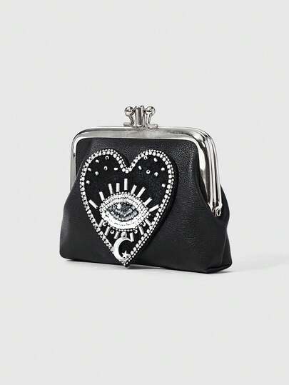 Goth 1pc Gothic Style Blue Eye & Red Heart Beaded Pu Leather Short Wallet For Women