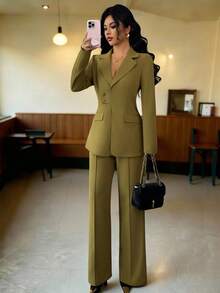 SHEIN PETITE 女士翻领收腰修身长袖长款西装套装，优雅商务OL装，适合工作、约会、秋季穿着 - 軍綠色 - 查看 3