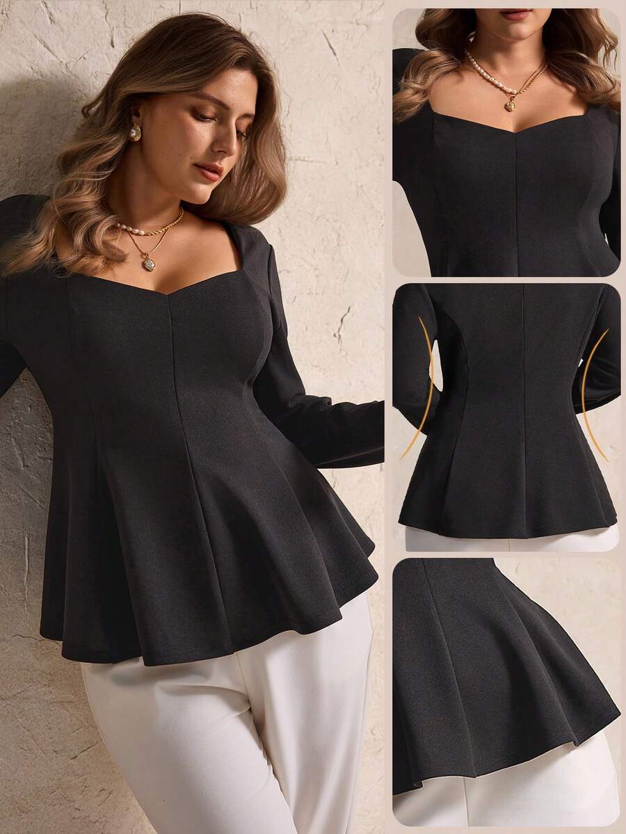 Elegantrix Blusa casual con cuello de corazón, cuello cuadrado y volantes en el bajo para mujer de talla grande - Negro - Ver 1