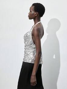 Maija Women's Solid Color Plunging Neckline Sequin Sexy Fashion Draped Neck Camisole Halloween Costumes Christmas Women's Clothing   Party Outfit Sequin Top  White Top Halloween Costumes  Sequin Top White Top Sexy Halloween Costumes For Women