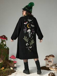 ROMWE Fairycore Áo len cardigan dệt kim dài thêu hình nấm, sao, mặt trăng, bướm và hoa lan cỡ lớn cho nữ, Áo len cardigan dệt kim cỡ lớn cho nữ mùa thu/đông, Áo len dệt kim cỡ lớn thường ngày cho nữ - màu đen - Xem 6