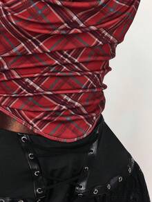 Y2K Amplova Plus Size Women Plaid Sleeveless Casual Blouse/Christmas Criss Cross Top Red Checkered Top Red Plaid Top Plaid Two Piece Set Scarf Top