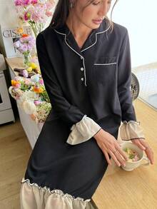 Color Block Ruffle Trim Half Placket Lapel Collar Long Sleeve Women's Nightgown, Moo Moo, Fall, Winter - Black - View 4