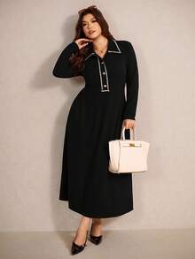 SHEIN Elaquor Plus Size Women's Button Placket Long Sleeve Casual Dress - Black - View 5