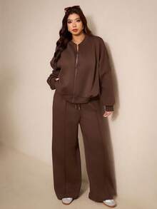 Elaquor 2pcs Plus Size Thermal Lined Jacket And Pants Set Spring - Coffee Brown - View 7