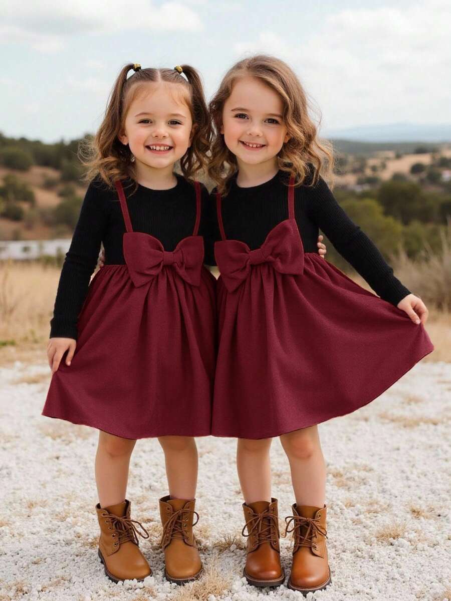 Emery Rose Kids Emery Rose Kids 可爱少女二合一大蝴蝶结前装饰连衣裙,舒适甜美,非常适合夏季和秋季的休闲日常穿着和上学穿着,学院风,母女装,上学日常穿着。 - 酒紅色 - 查看 1