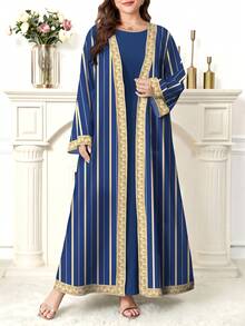 SHEIN Najma 大码女式金色花卉拼布条纹印花长袖休闲阿拉伯长袍，春秋季 - 彩色 - 查看 1