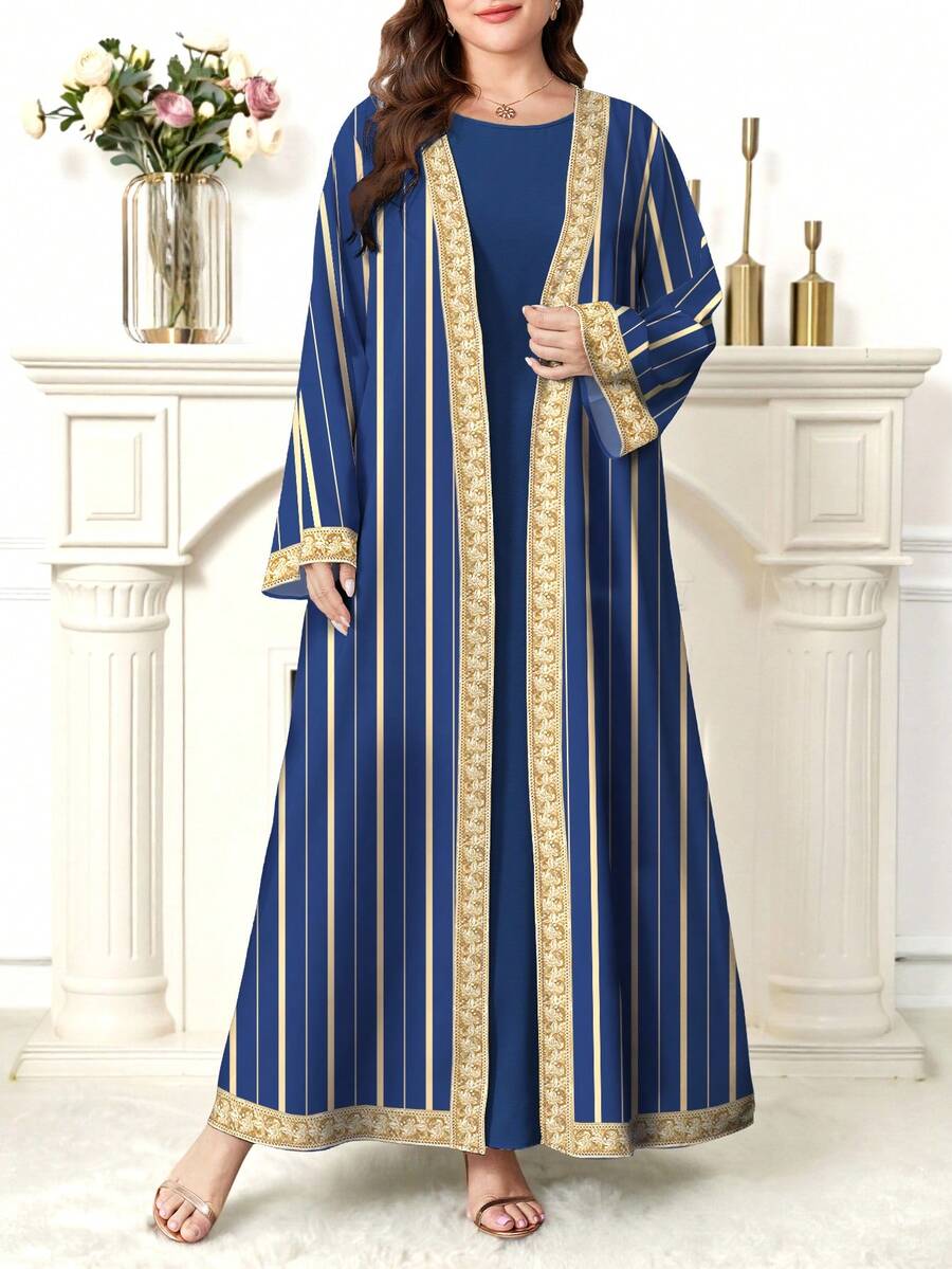 SHEIN Najma 大码女式金色花卉拼布条纹印花长袖休闲阿拉伯长袍，春秋季 - 彩色 - 查看 1