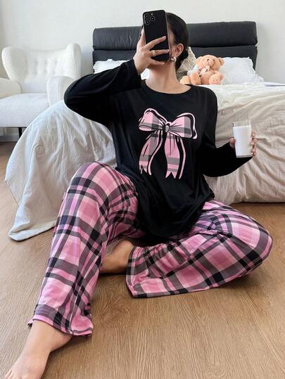 Dream Adore Conjunto de pijama de manga larga casual con estampado de lazo a cuadros para mujer de talla grande, ropa de invierno