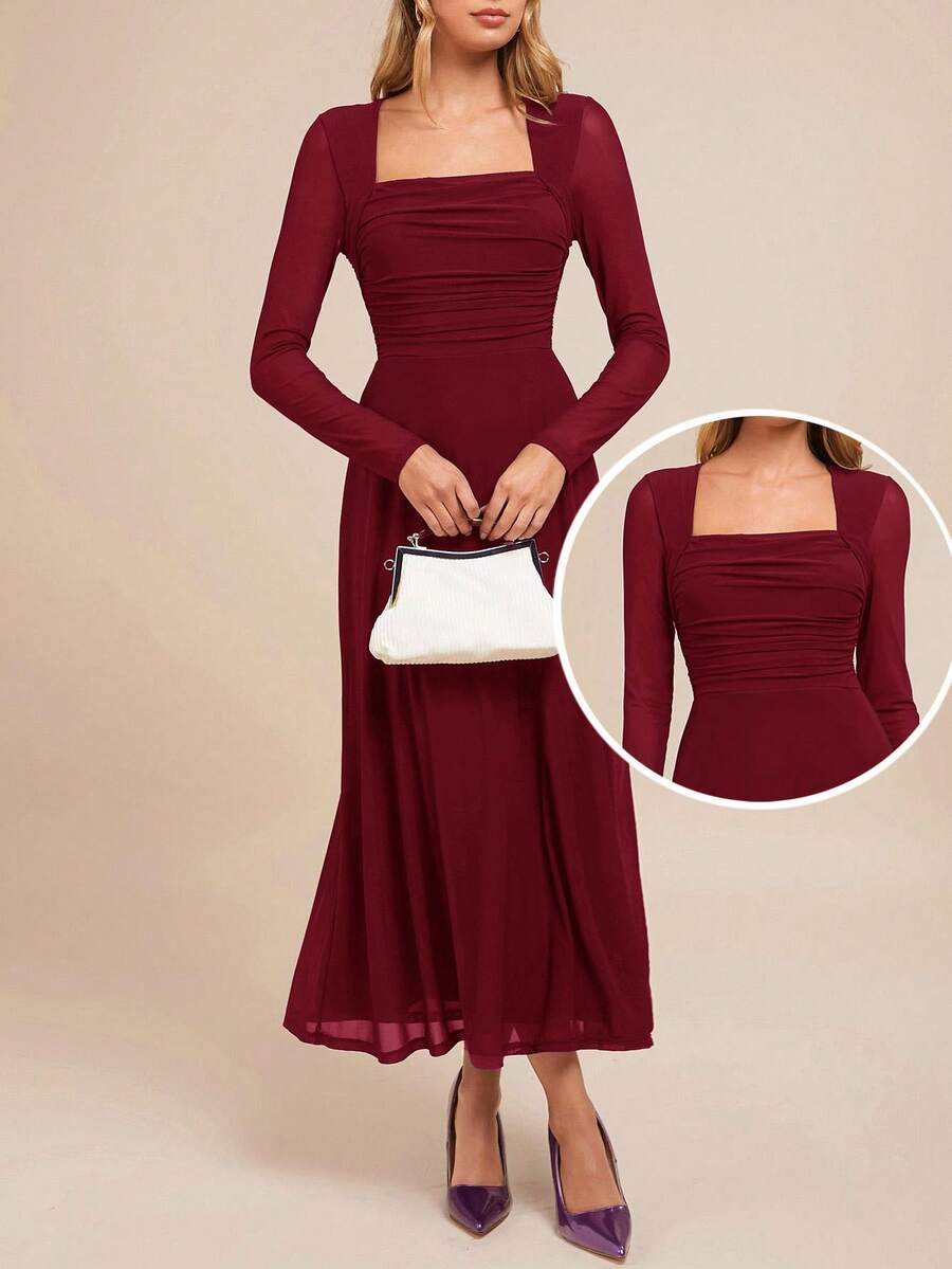 Amorya Damen elegantes A-Linien-Kleid mit quadratischem Ausschnitt und Langarm, Lila, geeignet für Partys, Herbst/Winter - Bordeaux - Übersicht 1