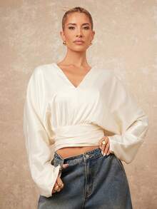 Lumalex VITNOSIvory Draped V-Neck Crop Top With Voluminous Long Sleeves, Soft Gathered Waist, Adjustable Wrap Tie Back & Fluid Satin-Like Finish Top, Spring/Summer, New Year Glamour, Wedding Season, Wedding Guest Outfits, Vacation Holiday Season Special Outfits, Party Outfits, Elegant Dress For Parties, Spring Dresses For Women, Formal Dress, Glamour Elegant Dress, ID Al-Adha, New Style Women, Luxury Dresses, Prom Gathering Party Banquet Modest Old Money Coquette Holiday Party Rave Festival Outing Vacation Hot Outdoor Richly Layered Wedding Season Banquet Christmas New Year Looks Of Party Valentine's Day Dress, Party Guidelines - Apricot - View 4