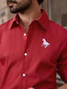 Manfinity VCAY Men's Embroidered Solid Color Regular Fit Long Sleeve Casual Button-Up Shirt Elf - Red - View 4