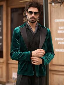 Manfinity VCAY Men's Contrast Color Lapel NeckLong Sleeve Fashion Suit Jacket - Dark Green - View 2
