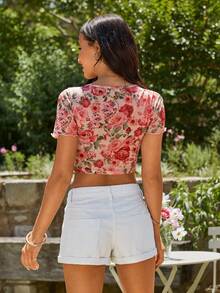 KARISMINA Romantic Holiday Rose Pattern Printed Mesh T-Shirt