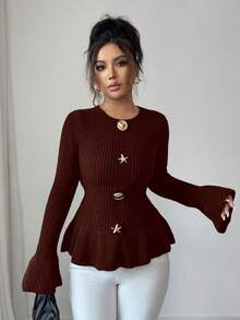 SHEIN Elenzya 女士优雅金属扣袖口荷叶边下摆长袖毛衣，秋冬款 - 鏽棕色 - 查看 5