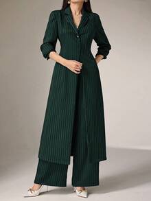 Heiryn 2 件套女士休闲条纹长外套和裤子套装，适合秋季 2 件套 - 墨綠色 - 查看 6