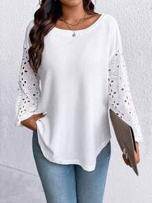 SHEIN PETITE Petite Women's Waffle Patchwork Cotton Jacquard Oblique Shoulder Loose Casual T-Shirt - White - View 4