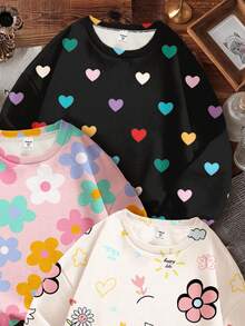 SHEIN Leap Crew Tween女孩 3件組可愛甜美多巴胺卡通花朵與愛心圓領寬鬆版型柔軟白色秋季校園返校休閒穿搭冬季 - 彩色 - 查看 5