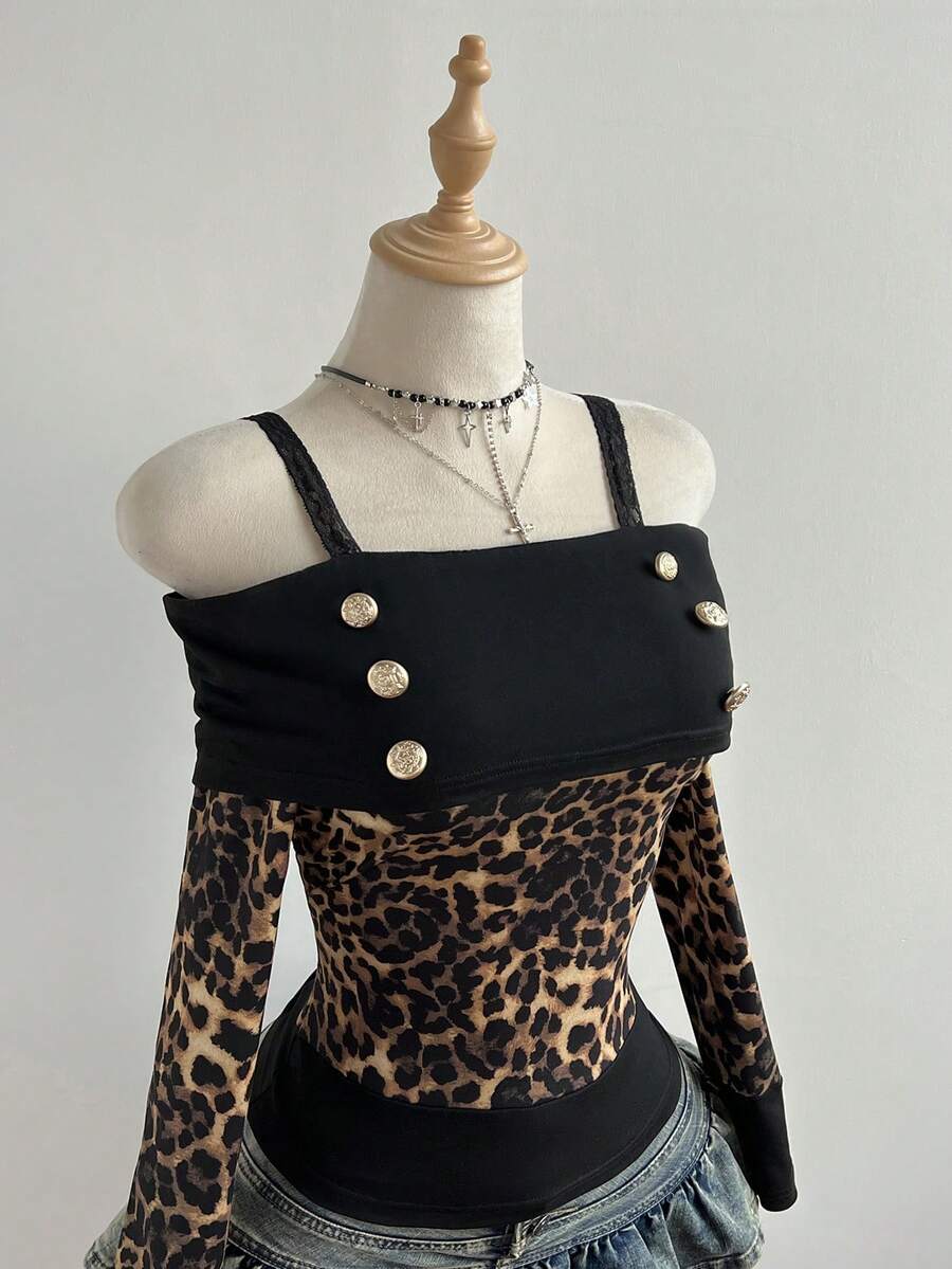 Elamini Blusa de manga larga con hombros descubiertos con estampado de leopardo, estilo Y2K para uso casual diario, con estampado de leopardo en contraste - Multicolor - Ver 1
