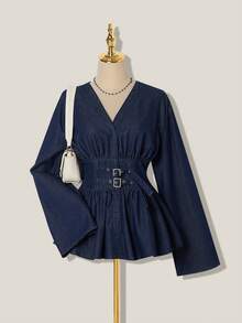 SHEIN MOD 女士V领喇叭袖腰带扣设计休闲牛仔衬衫 - 深色水洗藍 - 查看 7