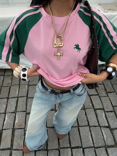 Muchica Damska koszulka z krótkim rękawem w swobodnym stylu z blokami kolorów, streetwear