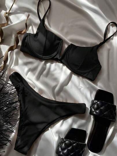 SHEIN Swim Summer Beach Solid Color Two-Piece Bikini Set Carnival