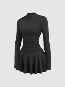 SHEIN PETITE Abito vintage da donna a maniche lunghe, collo alto, vita arricciata, colore rosso, adatto per autunno/inverno - nero - Visualizzare 3