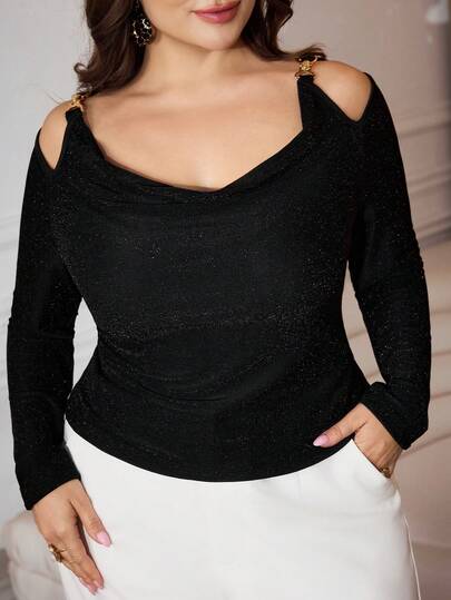 Modelyn Plus Size Women's Solid Color Metal Shoulder Connection Cold ShoulderFashion T-Shirt