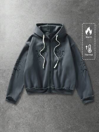 Street Life Men's Hooded Gothic Sweatshirt With Street American Design, Dark Pattern Print, Flocked Snowflake Graphic, Fall/Winter