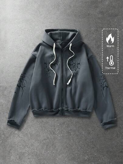 Street Life Men's Hooded Gothic Sweatshirt With Street American Design, Dark Pattern Print, Flocked Snowflake Graphic, Fall/Winter