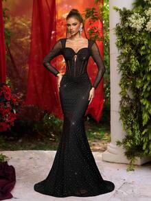Glamrae Elegant, Romantic, Fashionable, Sexy Black Shiny Mesh Long Sleeve, Shoulder Padded, Rhinestone Decor, Fishtail Hem, Trailing Formal Dress, Suitable For Holidays, Parties, Weddings, Formal Occasions - Black - View 2