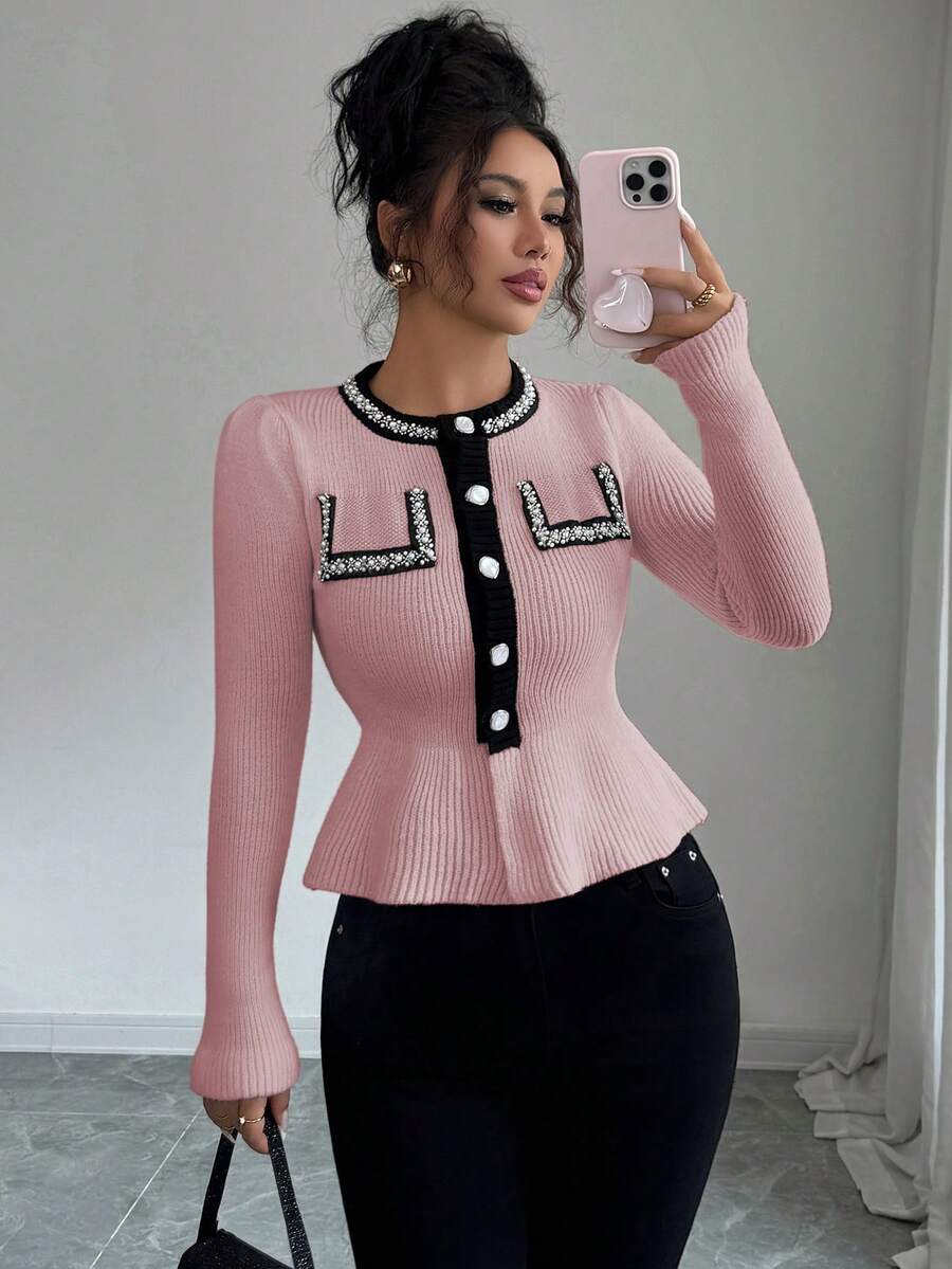 Elenzga Women's Contrast Color Pearl Waist Cardigan, Long Sleeve - Baby Pink - View 1