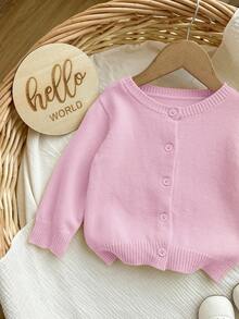 SHEIN Baby Girls' Solid Color Casual Minimalist Button-Front Cardigan - Pink - View 6