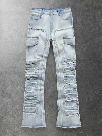 Street Life Jeans cargo homme décontractés mode de rue, lavés bleu clair délavé, déchirés, bords effilochés naturels, avec rabat de poche superposé, jambe évasée