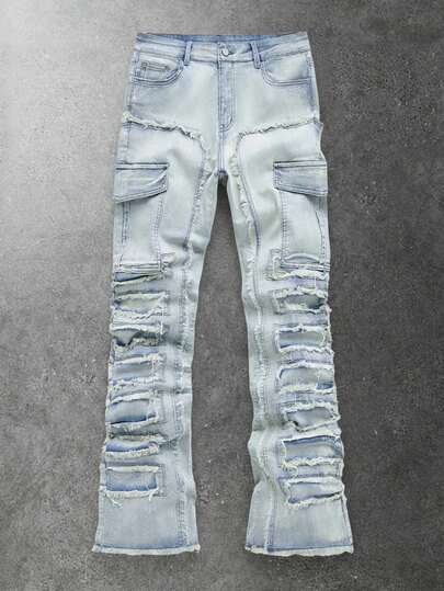 Street Life Jeans cargo homme décontractés mode de rue, lavés bleu clair délavé, déchirés, bords effilochés naturels, avec rabat de poche superposé, jambe évasée