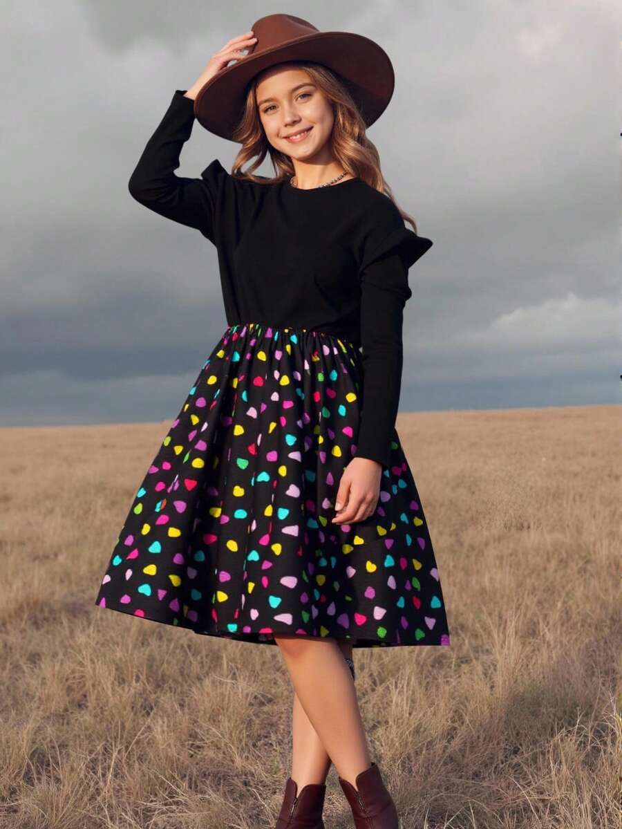 SHEIN 青少年女孩休闲拼布心形印花荷叶边长袖上衣，秋季