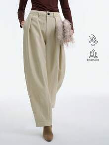 SHEIN Stylify 女士复古高腰单排扣褶皱宽松裤，适合通勤、婚礼、正式活动、毕业典礼、节日、约会、派对、万圣节、圣诞节、新年、感恩节等场合。 - 杏色 - 查看 2