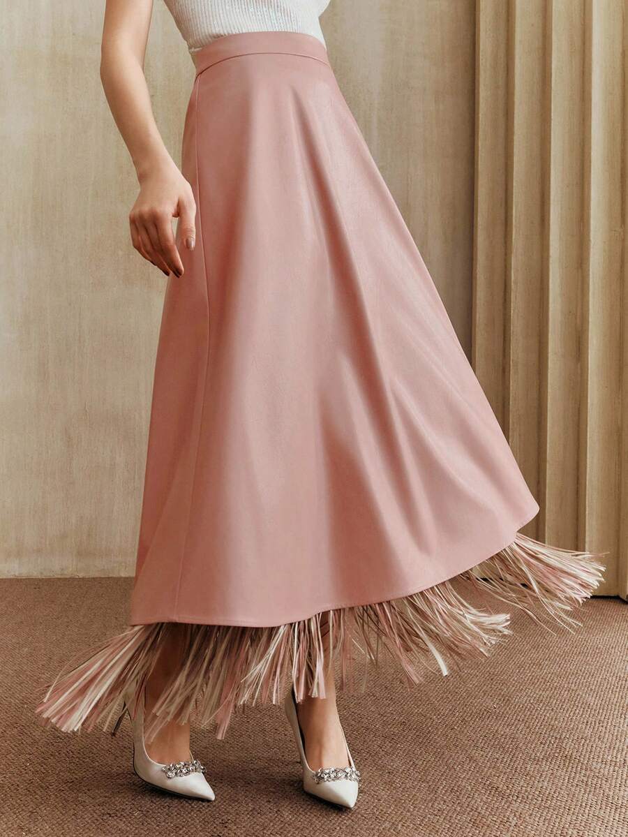 Anewsta Autumn/Winter Elegant Faux Leather Fringe Design A-Line Skirt For Women - Pink - View 1