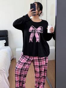 Napfluff CURVE Napfluff CURVE Bộ đồ ngủ dài tay dáng rộng in họa tiết kẻ caro nơ dành cho nữ, thích hợp mặc mùa đông. - Hồng - Xem 5