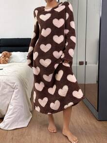 Snug Zone Women's Loose Casual Fluffy Big Heart Print Crew Neck Long Brown Lounge Dress Cute Fluffy Lounge Wear Pajama Dress , Cozy Winter Cute Lounge Set Heart Pajama Set Brown Pj Set Pajamas Lounge Set - Multicolor - View 2