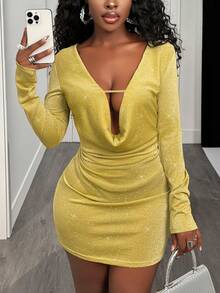 SHEIN BamGlam New Sexy & Elegant Beaded Deep V-Neck Hollow Out Long Sleeve Bodycon Dress For Women, Autumn/Winter - Yellow - View 6