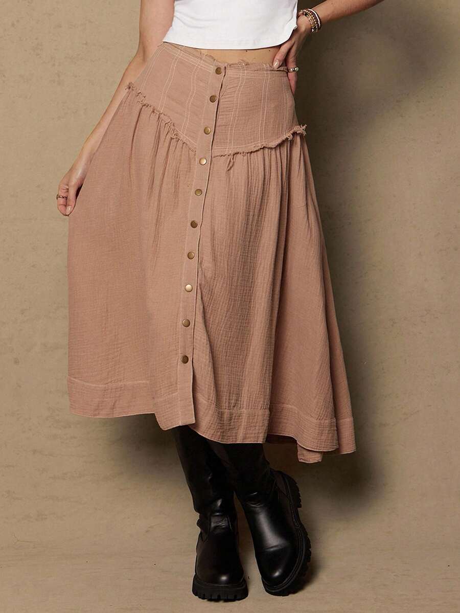 Freevana 大码女式纯色单排扣休闲/工作半身裙 - 卡其色 - 查看 1