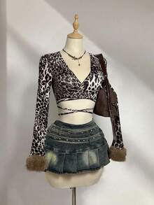 SHEIN Unity Áo quấn tay dài họa tiết da báo cho nữ, trang phục thường ngày phong cách Y2K, cổ tay áo có họa tiết tương phản, mùa thu/đông - Nhiều màu - Xem 4