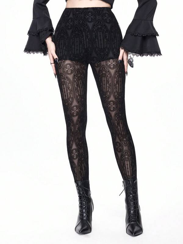 ROMWE Goth Gothic Palace Style Flocked Sheer Leggings