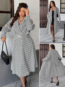 Easura Plus Size Women's Elegant Gold Button Belted Extra Long Jacket - Black and White - View 1