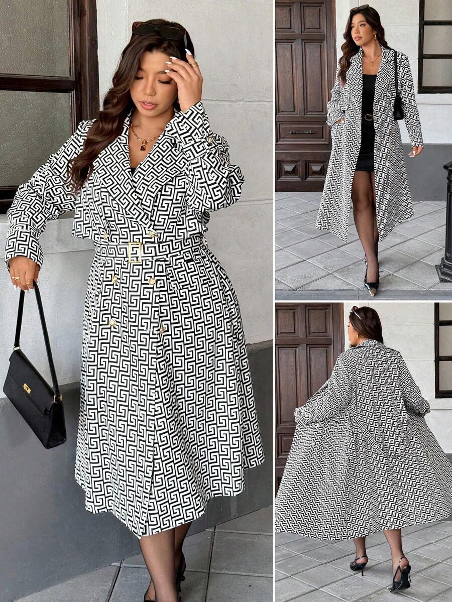 Easura Plus Size Women's Elegant Gold Button Belted Extra Long Jacket - Black and White - View 1